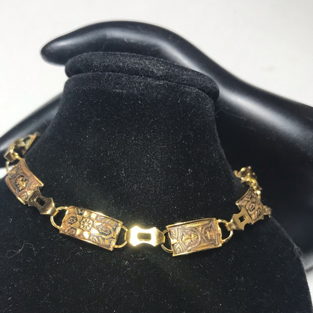 Damascene 7 Links Bracelet 7.5”L Delicate Sun Star Design Real Gold Inlay EVC